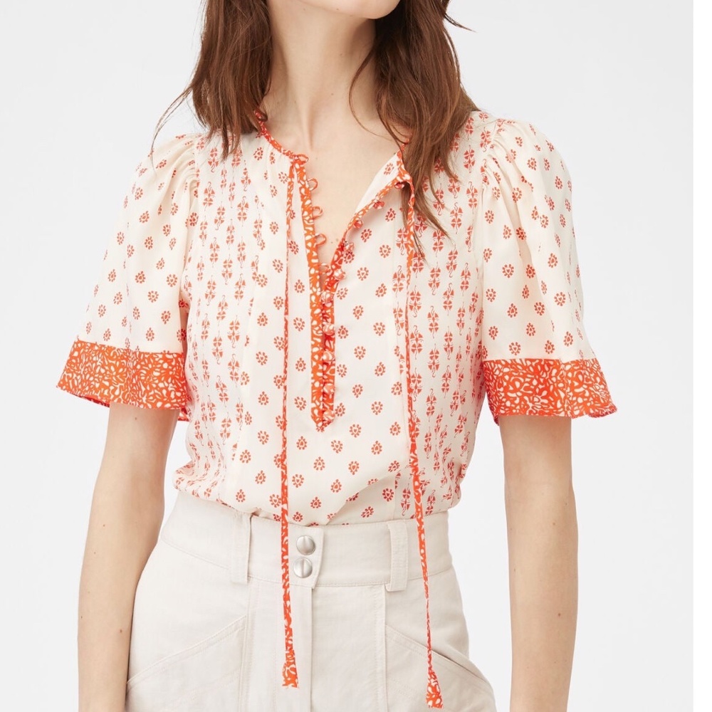✨NWT✨ REBECCA TAYLOR Silk Top Lily Block Print Blouse in Tomato Sz US 2 (XS) - Picture 3 of 12